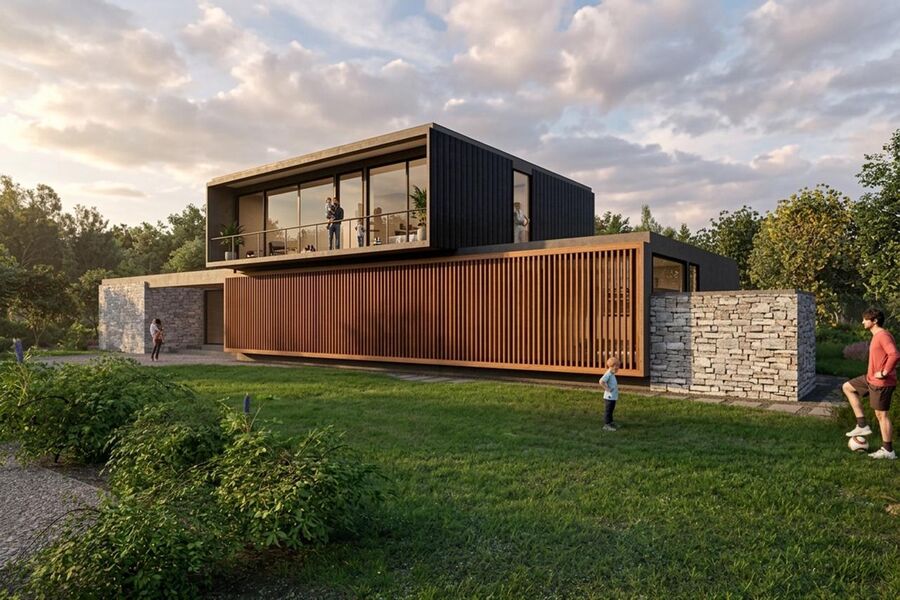 Fachada contemporánea de Casa Lina con jardines secos